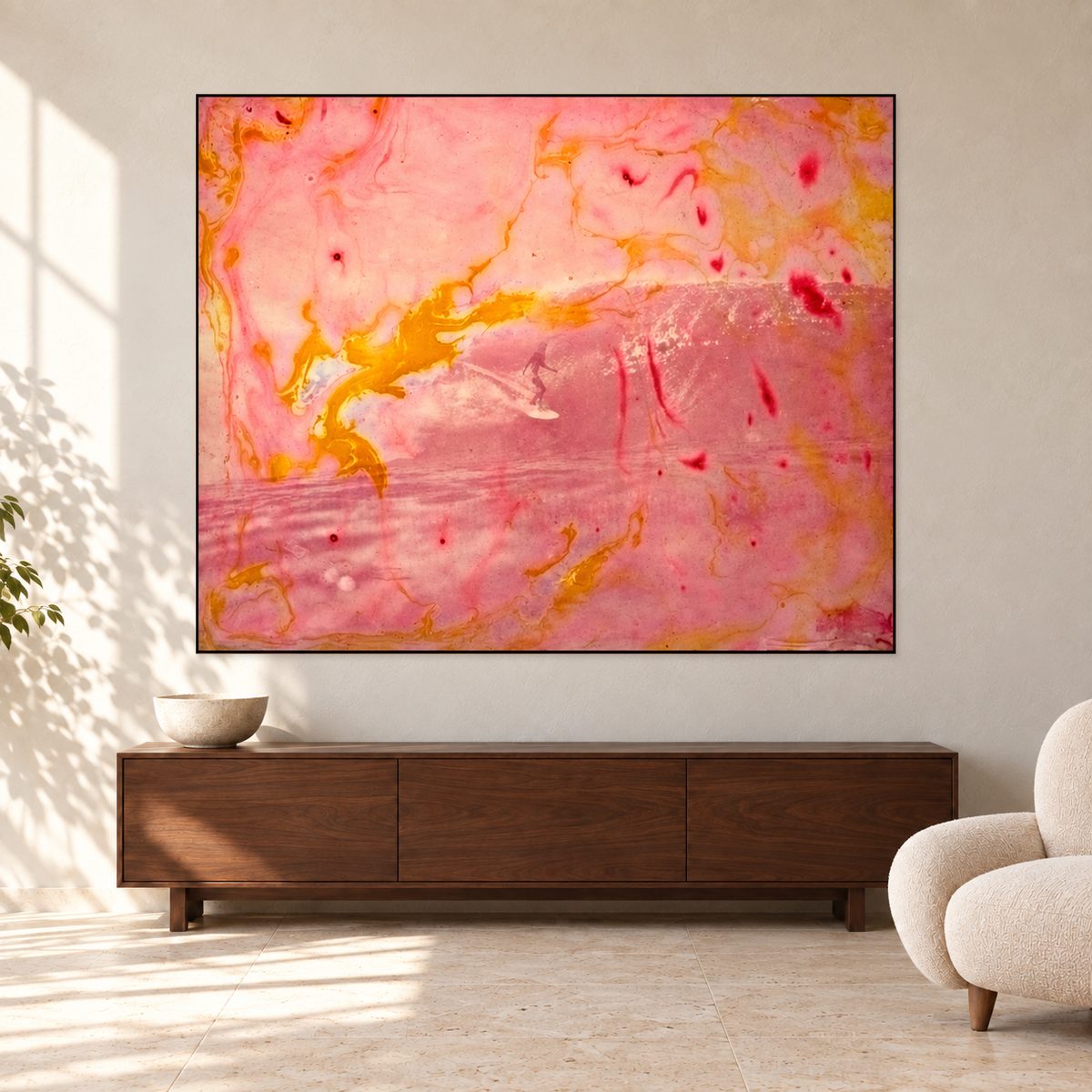 Steve Gorrow x Peter Crawford - Gerry Lopez, 150 cm wide by 120 cm high, displayed to scale above a walnut console in a warm plaster room