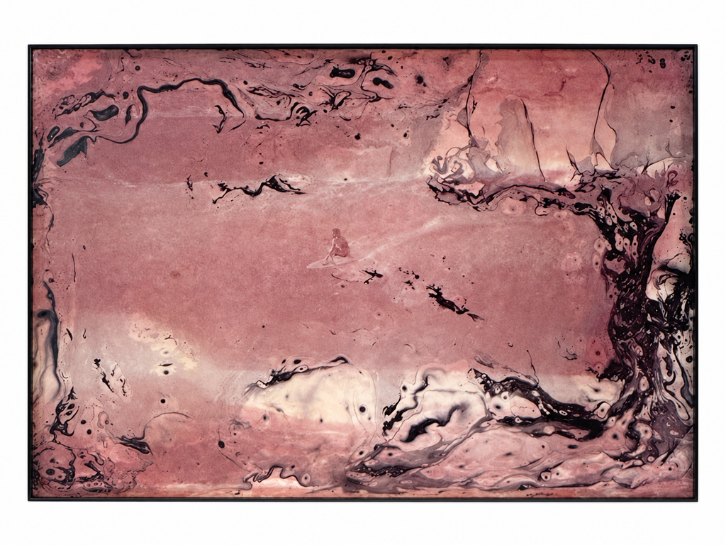 Jeff Hackman by Steve Gorrow: a surfer within rose and black marbled textures.