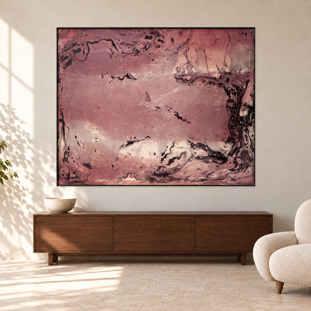 Steve Gorrow x Peter Crawford - JEFF HACKMAN, 150 cm wide by 120 cm high, displayed to scale above a walnut console in a warm plaster room