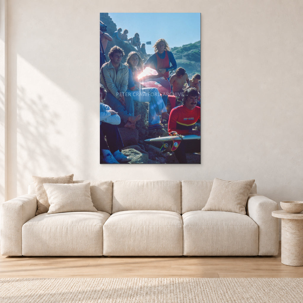 Steve Jones, Terry Richardson and Keone Downing, Bells 1977 by Peter Crawford — 80 × 120 cm, aluminium-mounted resin print, shown in a light minimalist living room.