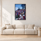 Stubbies Camera Crowd 78 Steve O'Ferral by Peter Crawford — 60 × 90 cm, black frame, shown in a light minimalist living room.