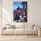 Stubbies Camera Crowd 78 Steve O'Ferral by Peter Crawford — 80 × 120 cm, hayseed frame, shown in a light minimalist living room.