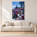 Stubbies Camera Crowd 78 Steve O'Ferral by Peter Crawford — 80 × 120 cm, white frame, shown in a light minimalist living room.