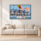 Stubbies Judges 1980 by Peter Crawford — 120 × 80 cm, black frame, shown in a light minimalist living room.