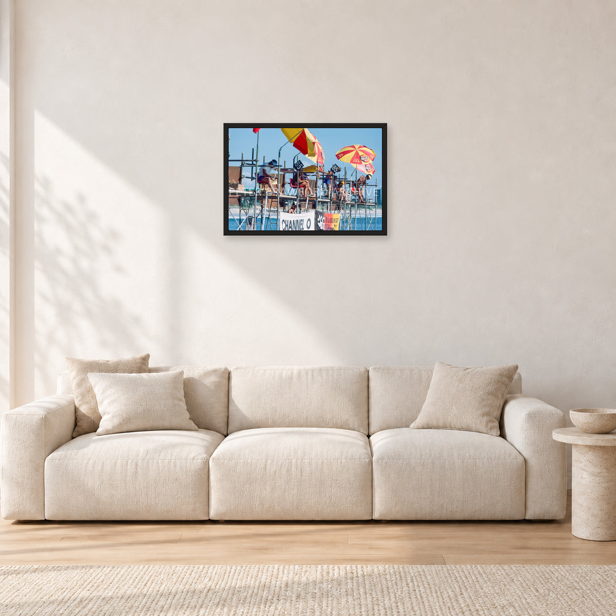 Stubbies Judges 1980 by Peter Crawford — 60 × 40 cm, black frame, shown in a light minimalist living room.