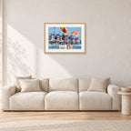 Stubbies Judges 1980 by Peter Crawford — 60 × 40 cm, hayseed frame with white mat, shown in a light minimalist living room.