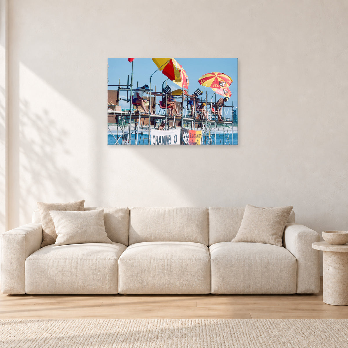 Stubbies Judges 1980 by Peter Crawford — 90 × 60 cm, aluminium-mounted resin print, shown in a light minimalist living room.