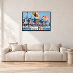 Stubbies Judges 1980 by Peter Crawford — 90 × 60 cm, black frame, shown in a light minimalist living room.