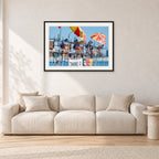 Stubbies Judges 1980 by Peter Crawford — 90 × 60 cm, black frame with white mat, shown in a light minimalist living room.
