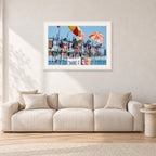 Stubbies Judges 1980 by Peter Crawford — 90 × 60 cm, white frame with white mat, shown in a light minimalist living room.
