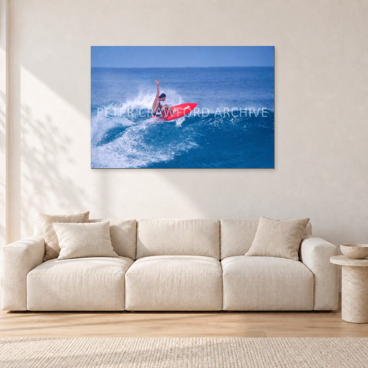 Sunset Beach, Hawaii by Peter Crawford — 120 × 80 cm, aluminium-mounted resin print, shown in a light minimalist living room.
