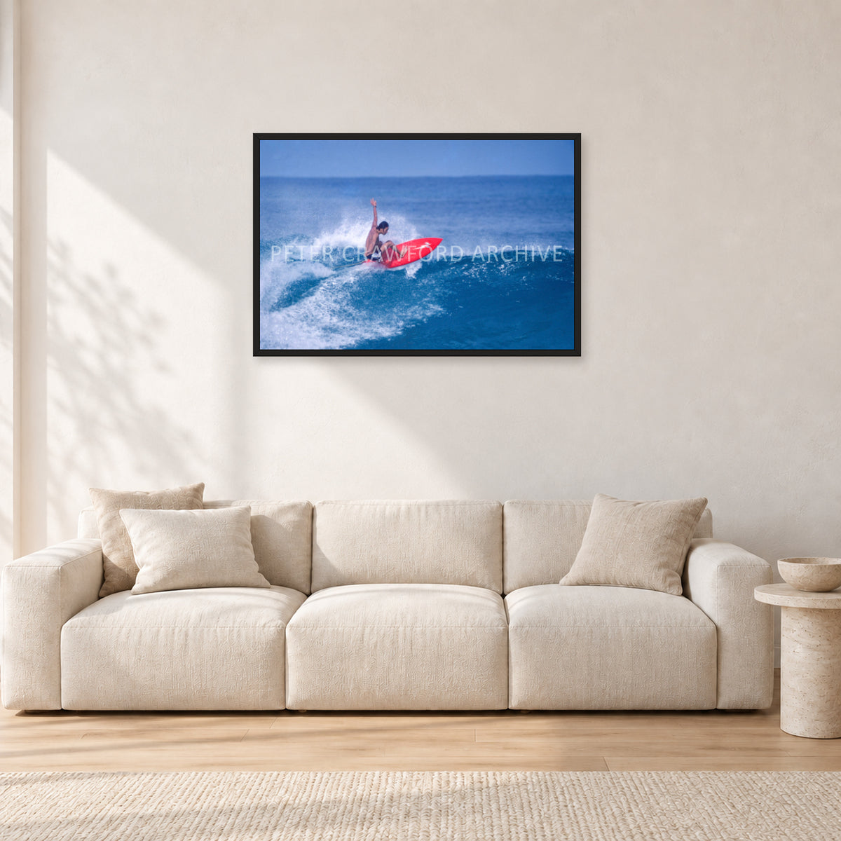 Sunset Beach, Hawaii by Peter Crawford — 90 × 60 cm, black frame, shown in a light minimalist living room.