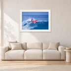 Sunset Beach, Hawaii by Peter Crawford — 90 × 60 cm, white frame with white mat, shown in a light minimalist living room.
