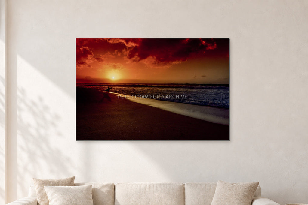 Sunset Favourite by Peter Crawford — 120 × 80 cm, aluminium-mounted resin print, shown in a light minimalist living room.