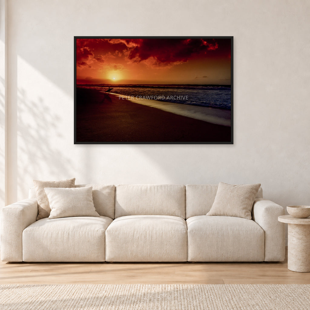 Sunset Favourite by Peter Crawford — 120 × 80 cm, black frame, shown in a light minimalist living room.