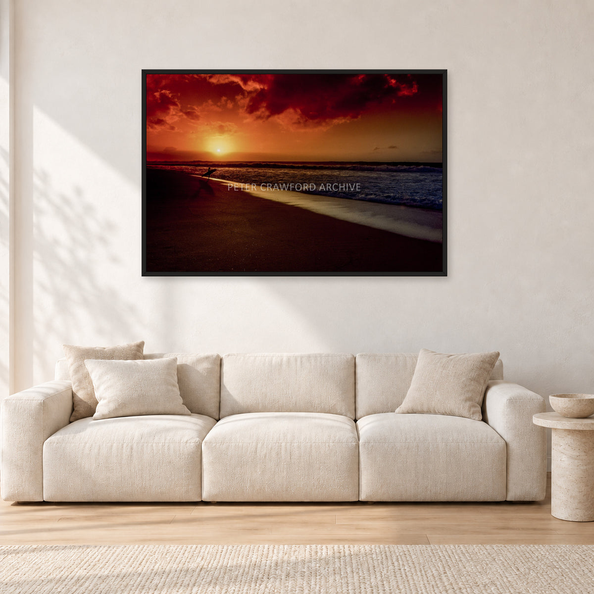 Sunset Favourite by Peter Crawford — 120 × 80 cm, black frame, shown in a light minimalist living room.