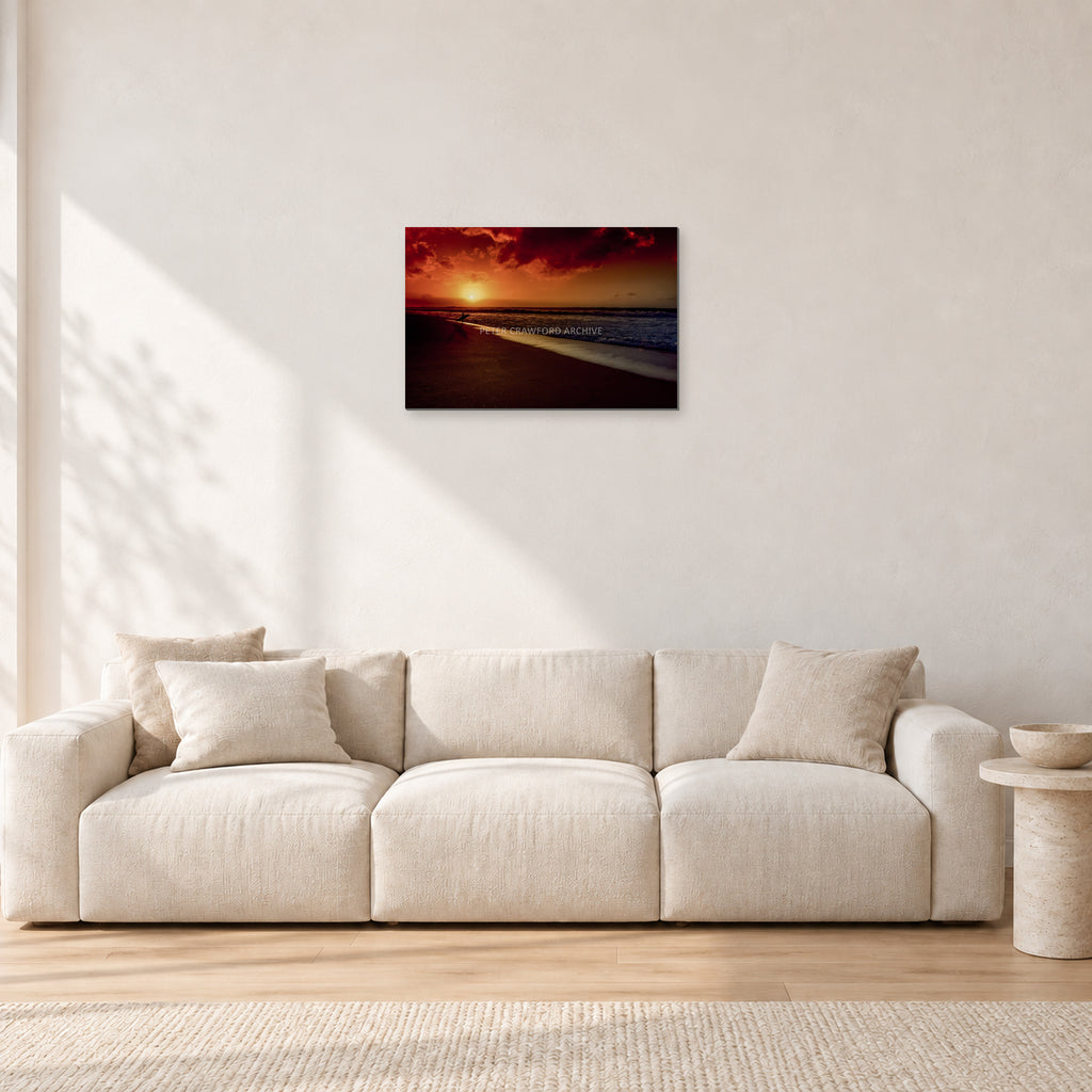 Sunset Favourite by Peter Crawford — 60 × 40 cm, aluminium-mounted resin print, shown in a light minimalist living room.