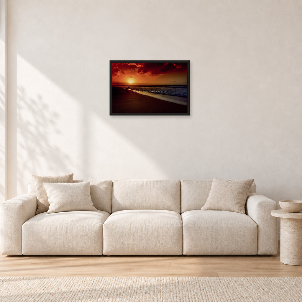 Sunset Favourite by Peter Crawford — 60 × 40 cm, black frame, shown in a light minimalist living room.