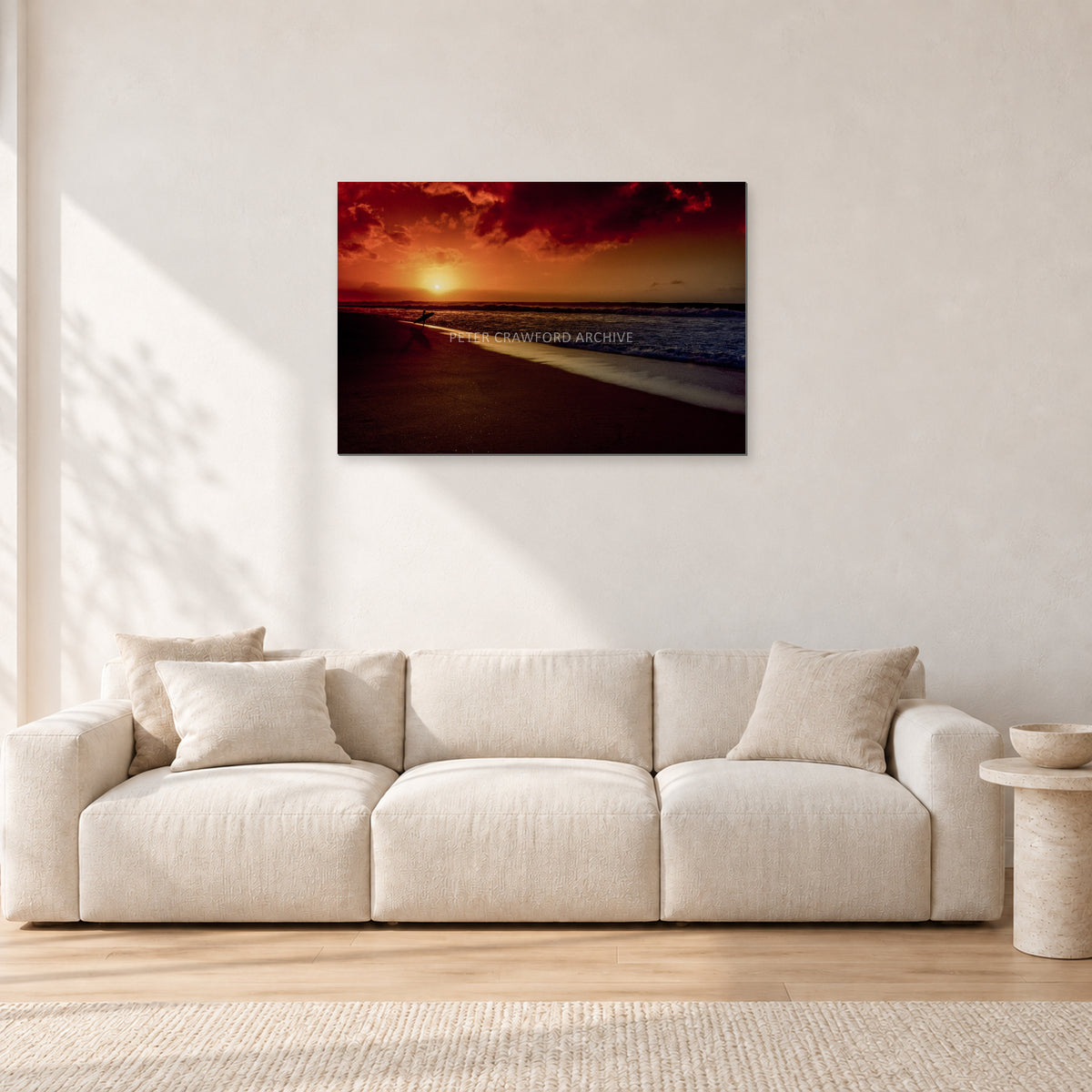 Sunset Favourite by Peter Crawford — 90 × 60 cm, aluminium-mounted resin print, shown in a light minimalist living room.