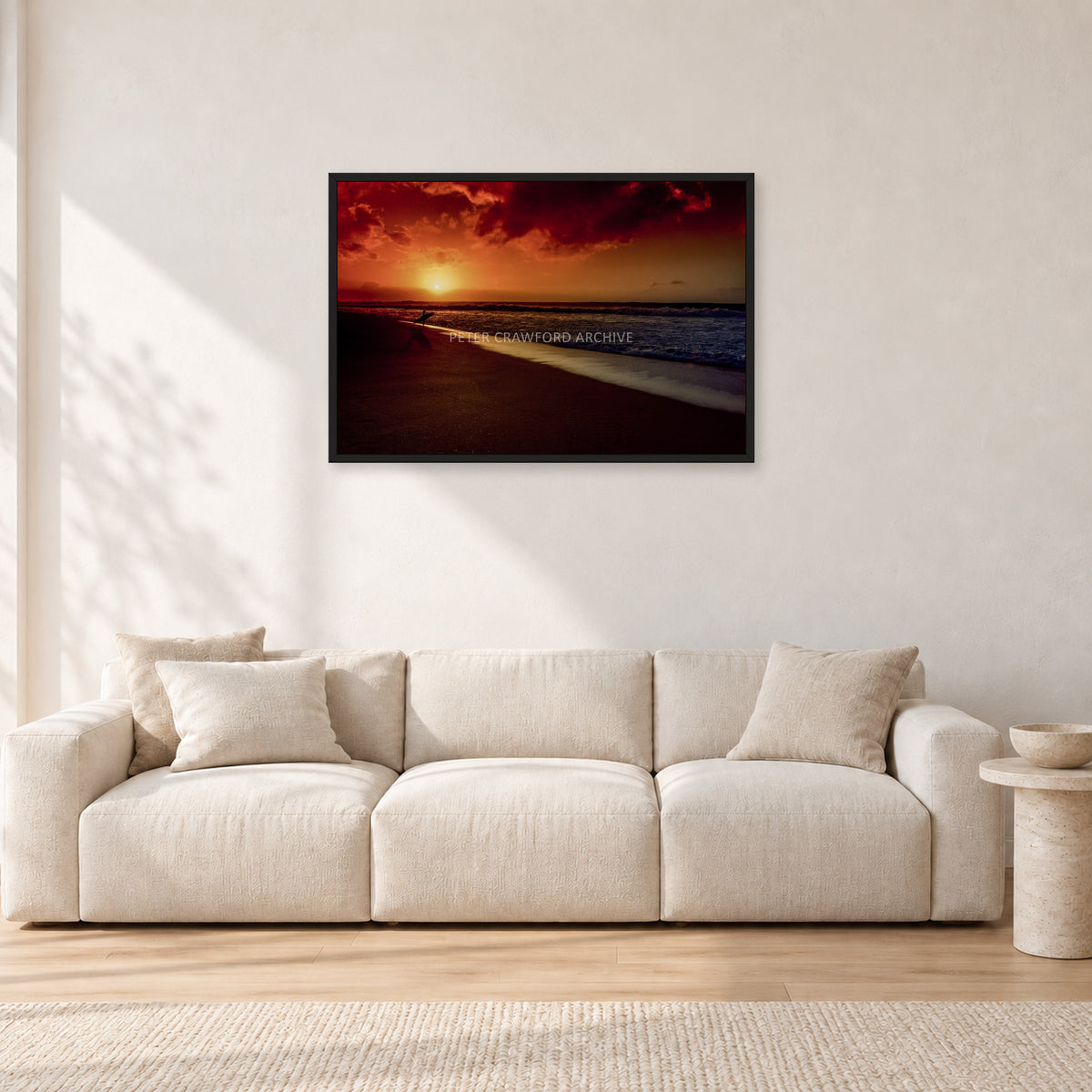 Sunset Favourite by Peter Crawford — 90 × 60 cm, black frame, shown in a light minimalist living room.