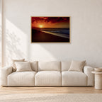 Sunset Favourite by Peter Crawford — 90 × 60 cm, hayseed frame, shown in a light minimalist living room.