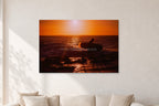 Sunset X1 by Peter Crawford — 120 × 80 cm, aluminium-mounted resin print, shown in a light minimalist living room.
