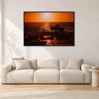Sunset X1 by Peter Crawford — 120 × 80 cm, black frame, shown in a light minimalist living room.