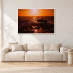 Sunset X1 by Peter Crawford — 120 × 80 cm, white frame, shown in a light minimalist living room.