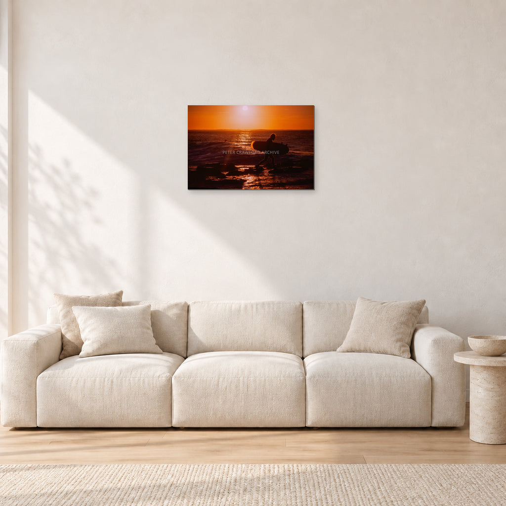 Sunset X1 by Peter Crawford — 60 × 40 cm, aluminium-mounted resin print, shown in a light minimalist living room.