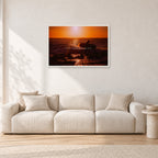 Sunset X1 by Peter Crawford — 90 × 60 cm, white frame, shown in a light minimalist living room.