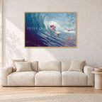 Surf Study 33 by Peter Crawford — 120 × 80 cm, hayseed frame, shown in a light minimalist living room.