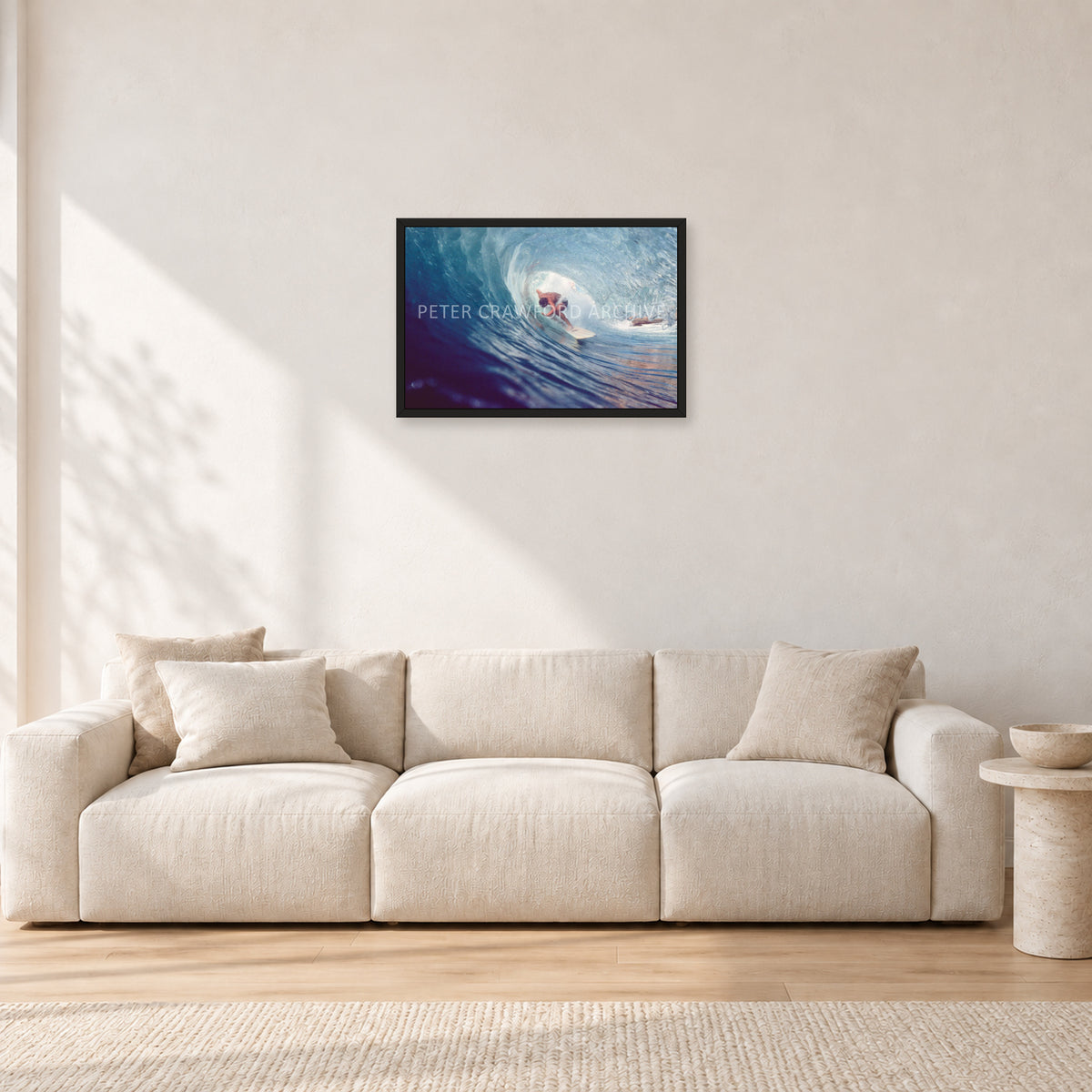 Surf Study 33 by Peter Crawford — 60 × 40 cm, black frame, shown in a light minimalist living room.