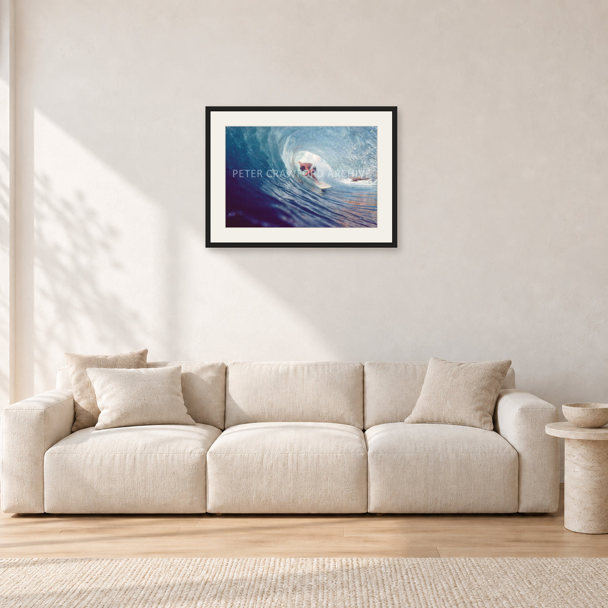 Surf Study 33 by Peter Crawford — 60 × 40 cm, black frame with white mat, shown in a light minimalist living room.