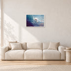 Surf Study 33 by Peter Crawford — 60 × 40 cm, white frame, shown in a light minimalist living room.