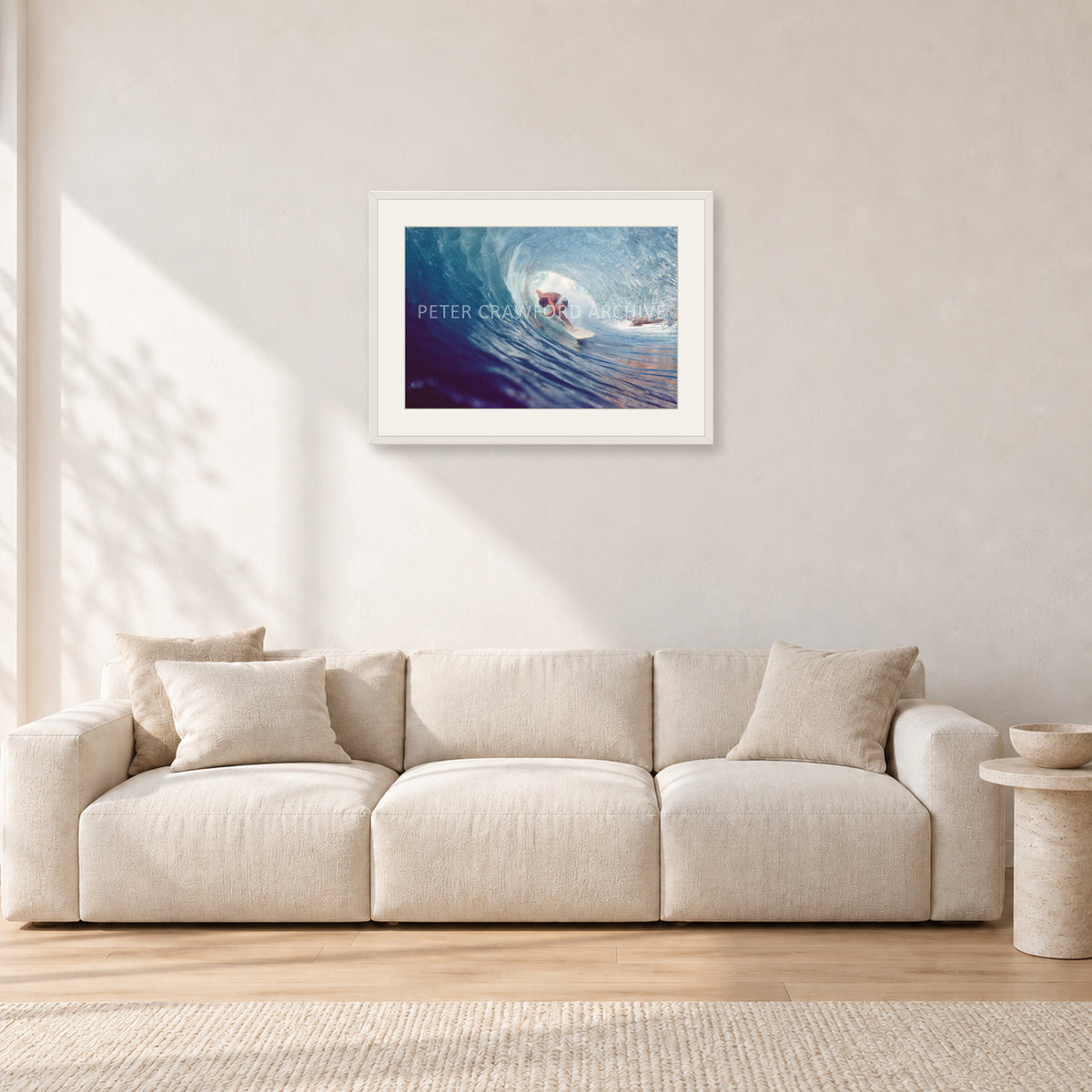 Surf Study 33 by Peter Crawford — 60 × 40 cm, white frame with white mat, shown in a light minimalist living room.