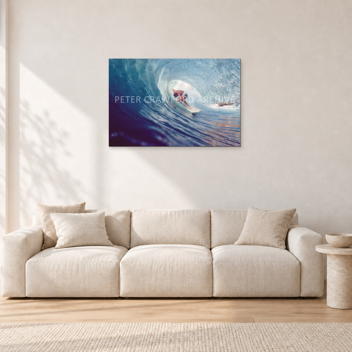 Surf Study 33 by Peter Crawford — 90 × 60 cm, aluminium-mounted resin print, shown in a light minimalist living room.