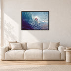 Surf Study 33 by Peter Crawford — 90 × 60 cm, black frame, shown in a light minimalist living room.