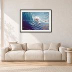 Surf Study 33 by Peter Crawford — 90 × 60 cm, black frame with white mat, shown in a light minimalist living room.