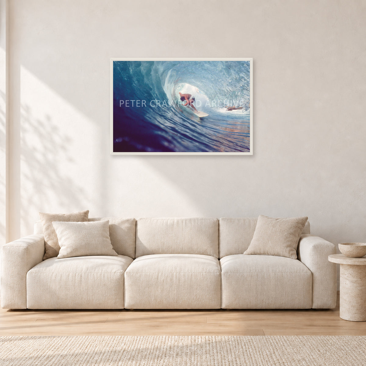 Surf Study 33 by Peter Crawford — 90 × 60 cm, white frame, shown in a light minimalist living room.