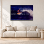 Terry Fitzgerald, Stubbies 1978 by Peter Crawford — 120 × 80 cm, black frame, shown in a light minimalist living room.