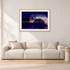 Terry Fitzgerald, Stubbies 1978 by Peter Crawford — 90 × 60 cm, hayseed frame with white mat, shown in a light minimalist living room.