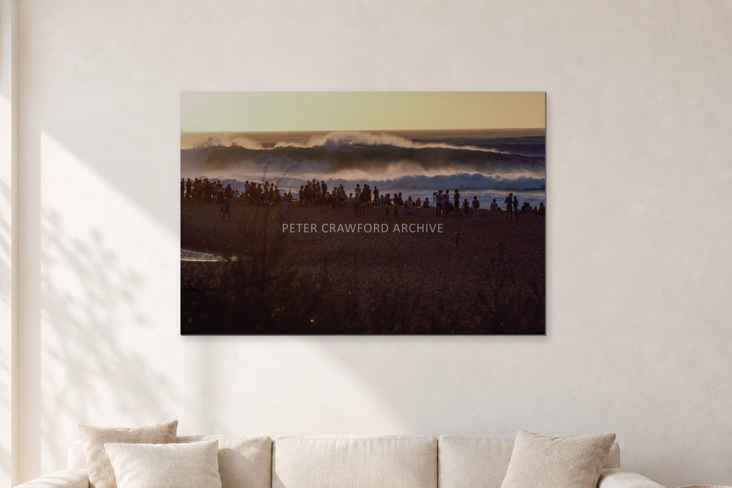 The Big Show, Pipeline 1975 by Peter Crawford — 120 × 80 cm, aluminium-mounted resin print, shown in a light minimalist living room.