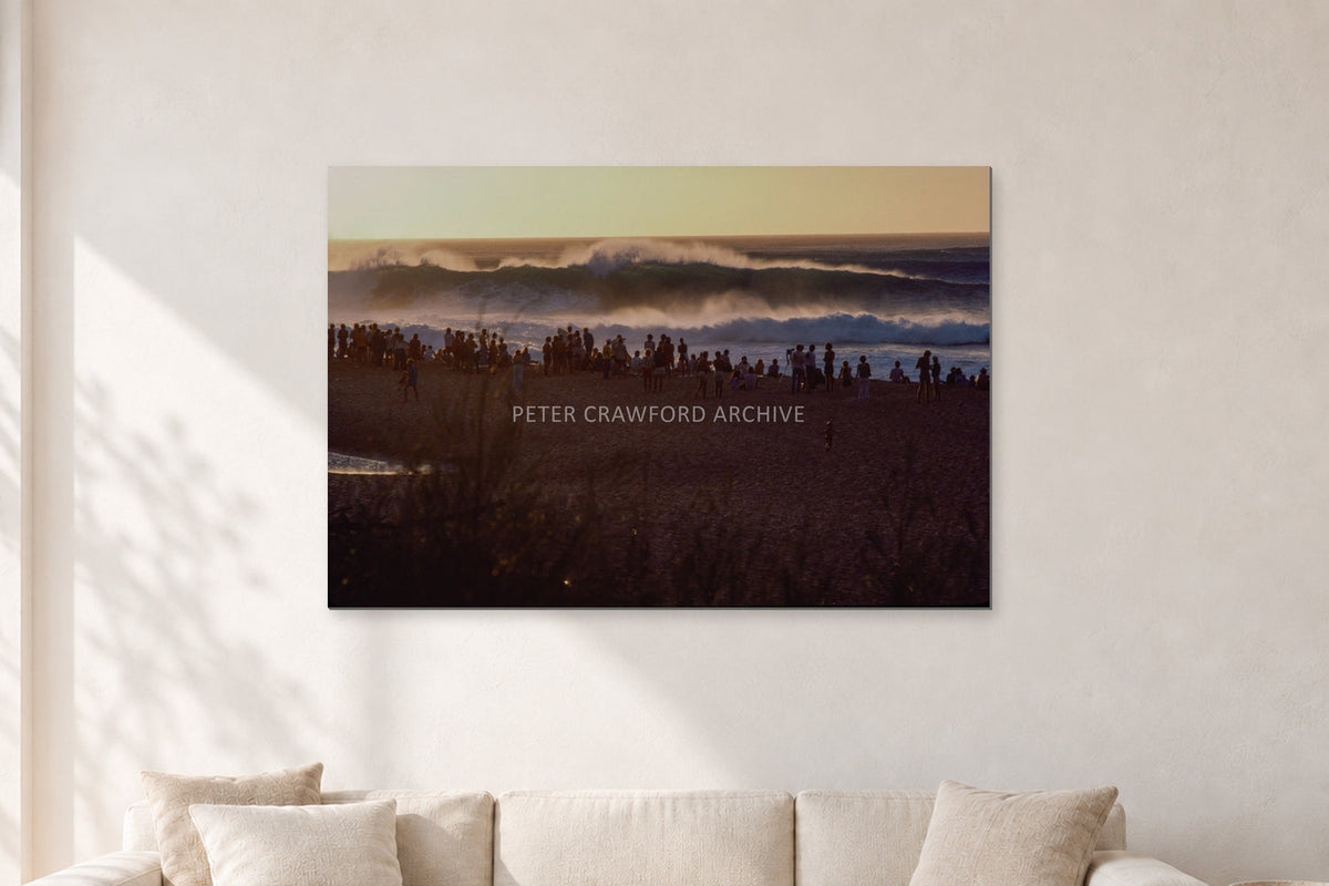The Big Show, Pipeline 1975 by Peter Crawford — 120 × 80 cm, aluminium-mounted resin print, shown in a light minimalist living room.