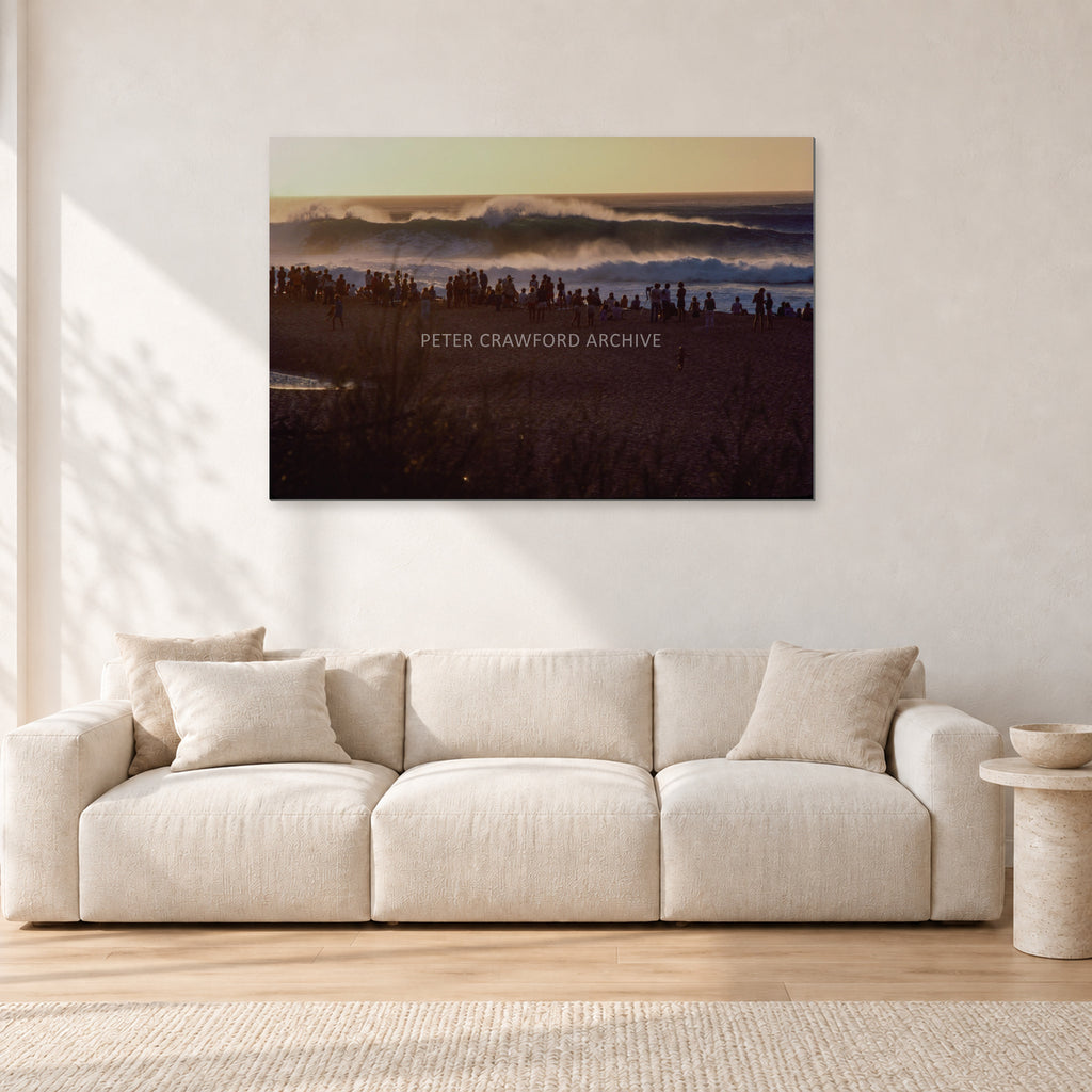 The Big Show, Pipeline 1975 by Peter Crawford — 120 × 80 cm, aluminium-mounted resin print, shown in a light minimalist living room.