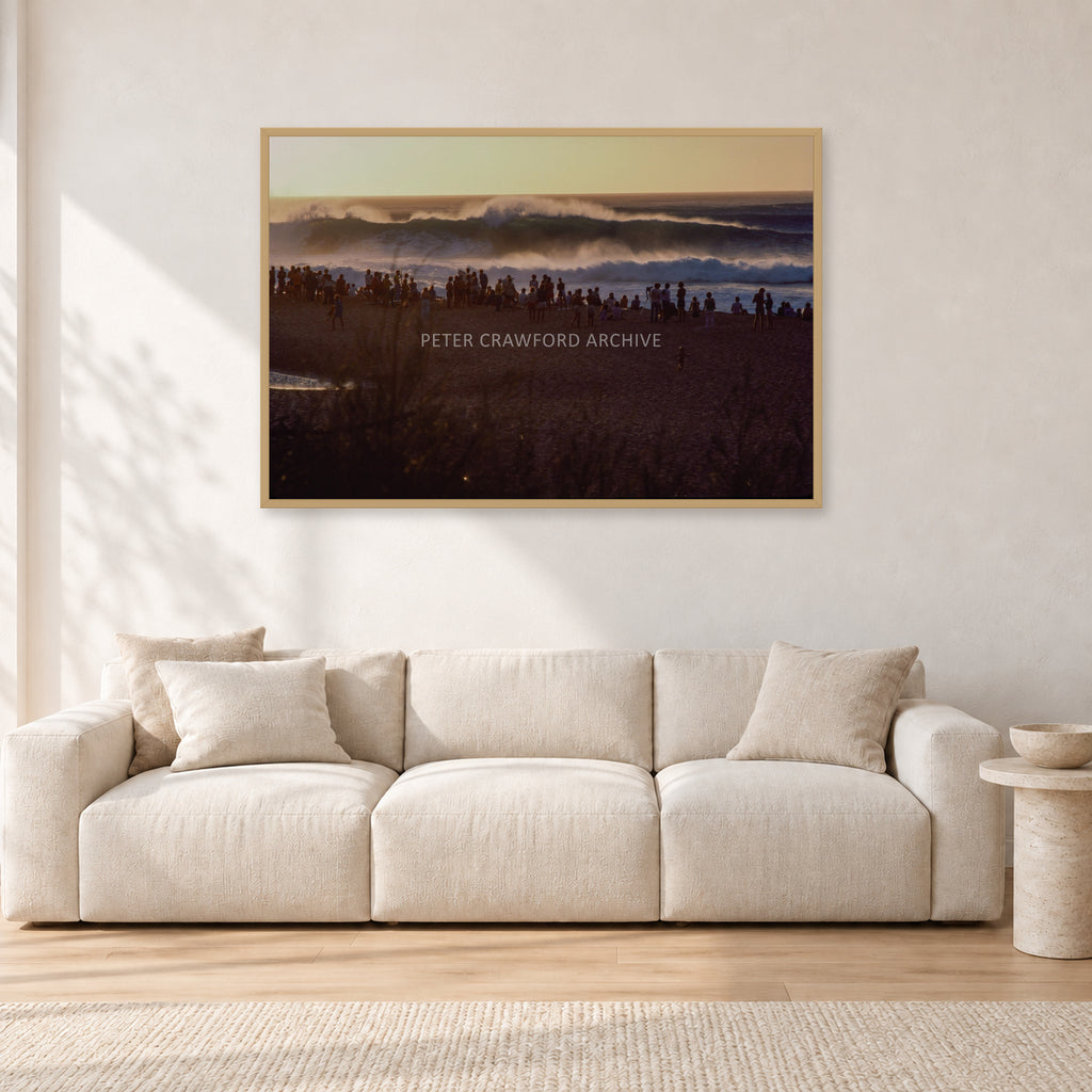 The Big Show, Pipeline 1975 by Peter Crawford — 120 × 80 cm, hayseed frame, shown in a light minimalist living room.