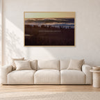 The Big Show, Pipeline 1975 by Peter Crawford — 120 × 80 cm, hayseed frame, shown in a light minimalist living room.