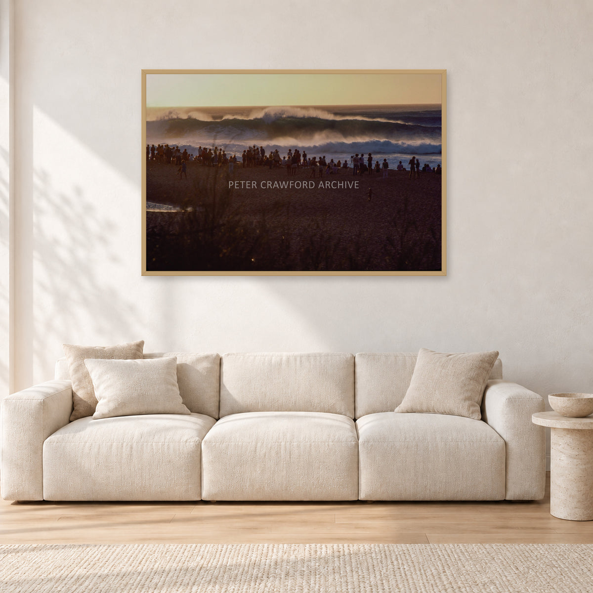 The Big Show, Pipeline 1975 by Peter Crawford — 120 × 80 cm, hayseed frame, shown in a light minimalist living room.