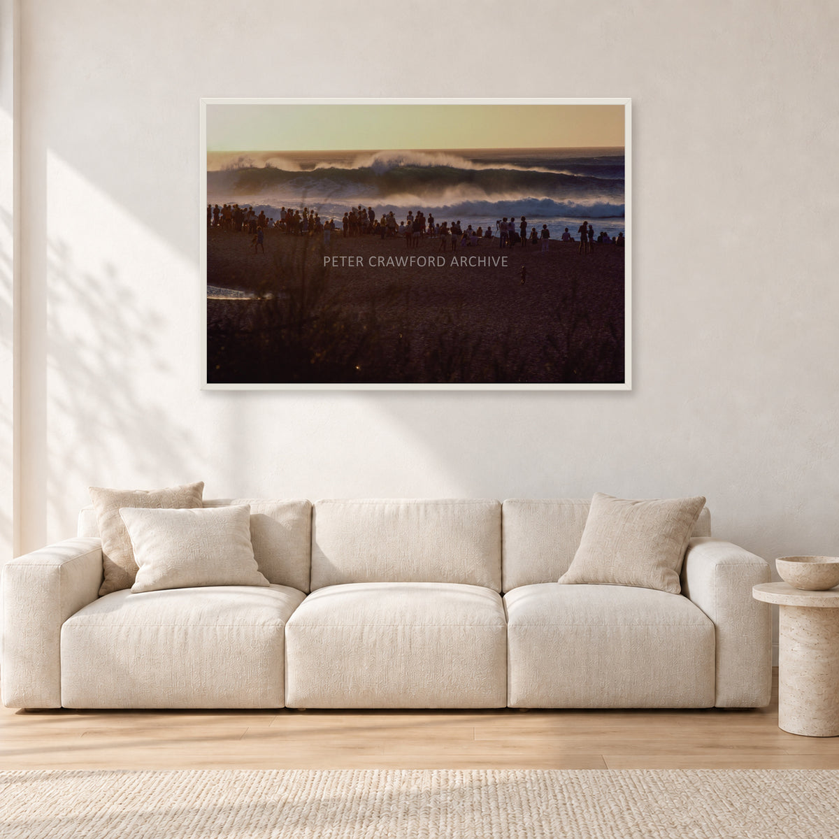 The Big Show, Pipeline 1975 by Peter Crawford — 120 × 80 cm, white frame, shown in a light minimalist living room.