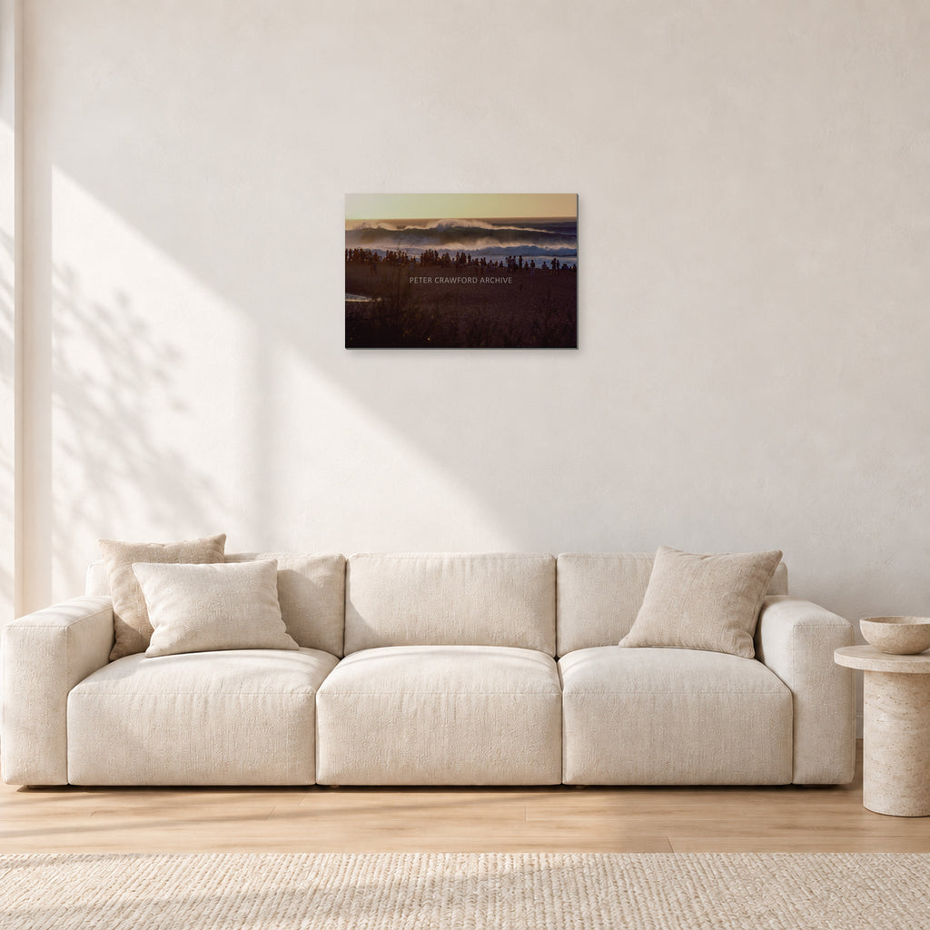 The Big Show, Pipeline 1975 by Peter Crawford — 60 × 40 cm, aluminium-mounted resin print, shown in a light minimalist living room.