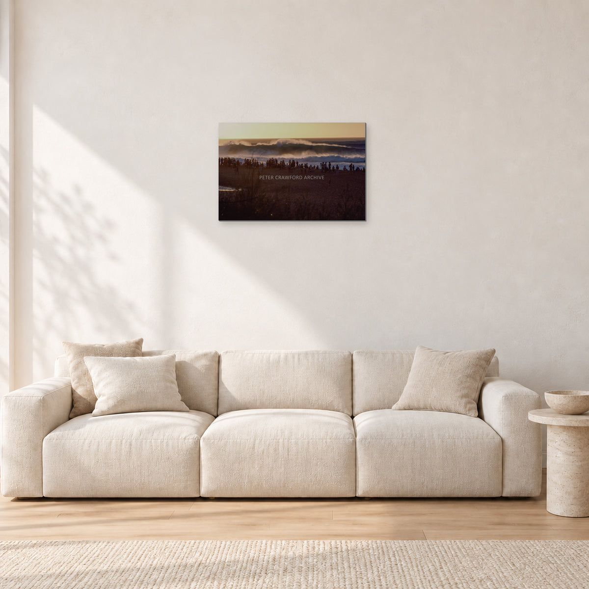 The Big Show, Pipeline 1975 by Peter Crawford — 60 × 40 cm, aluminium-mounted resin print, shown in a light minimalist living room.